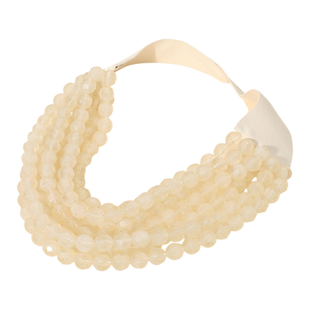 Marbled Faceted Acrylic Ball Beaded Multi Strand Layered Faux Leather Magnetic Necklace - Ivory - Necklaces