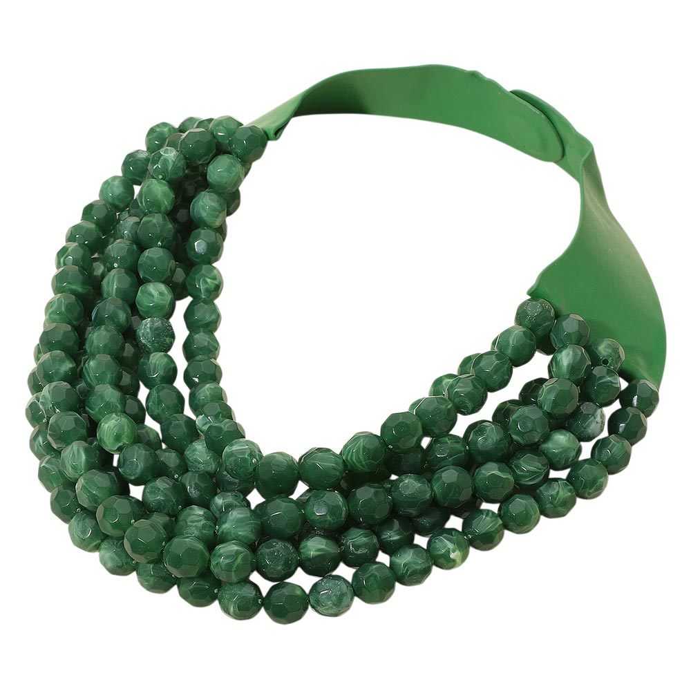 Marbled Faceted Acrylic Ball Beaded Multi Strand Layered Faux Leather Magnetic Necklace - Green - Necklaces