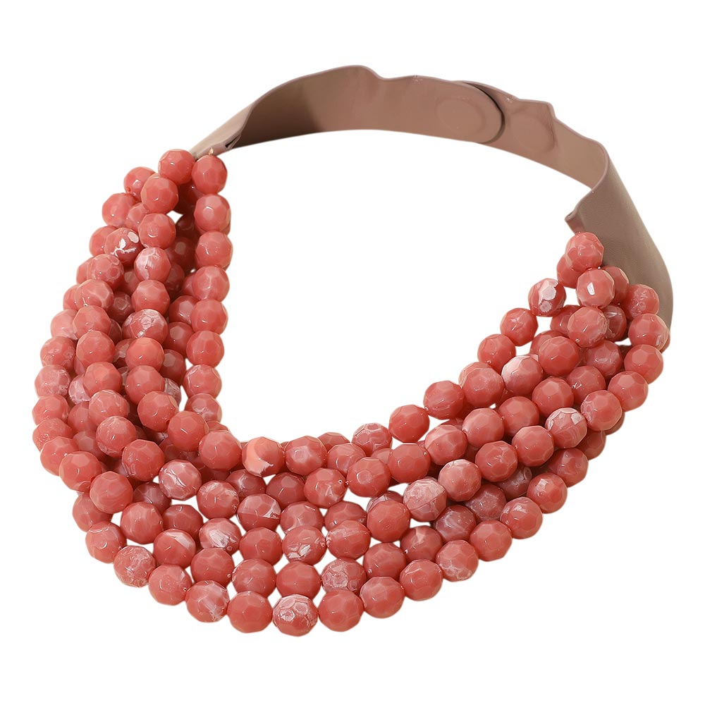 Marbled Faceted Acrylic Ball Beaded Multi Strand Layered Faux Leather Magnetic Necklace - Dust Pink - Necklaces