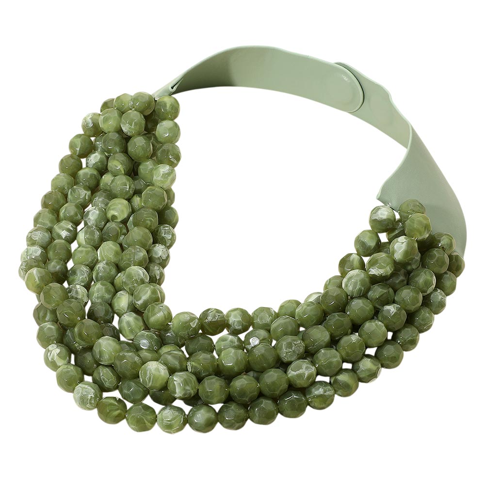 Marbled Faceted Acrylic Ball Beaded Multi Strand Layered Faux Leather Magnetic Necklace - Olive - Necklaces