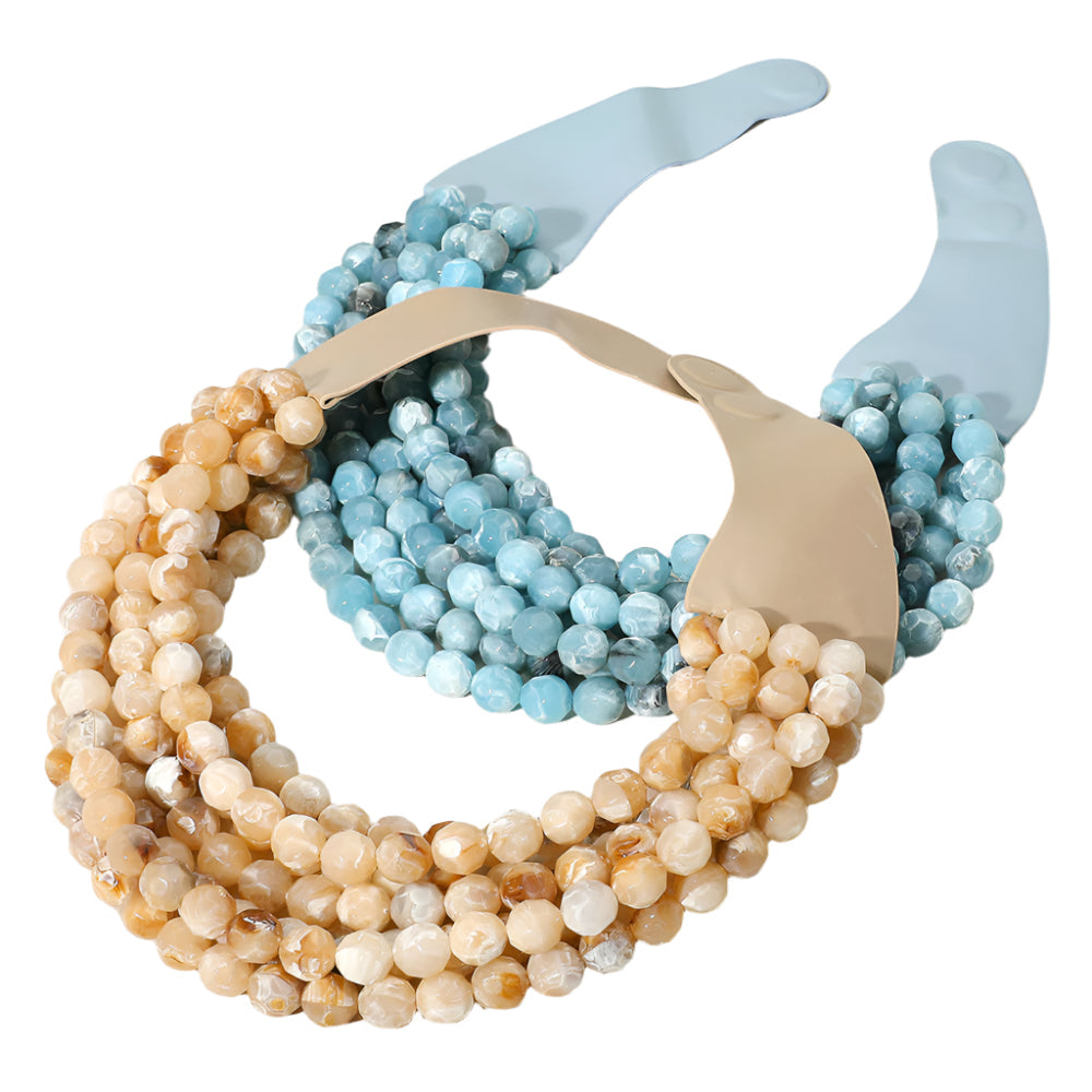 Beige Marbled Faceted Ball Beaded Multi Layered Faux Leather Magnetic Necklace