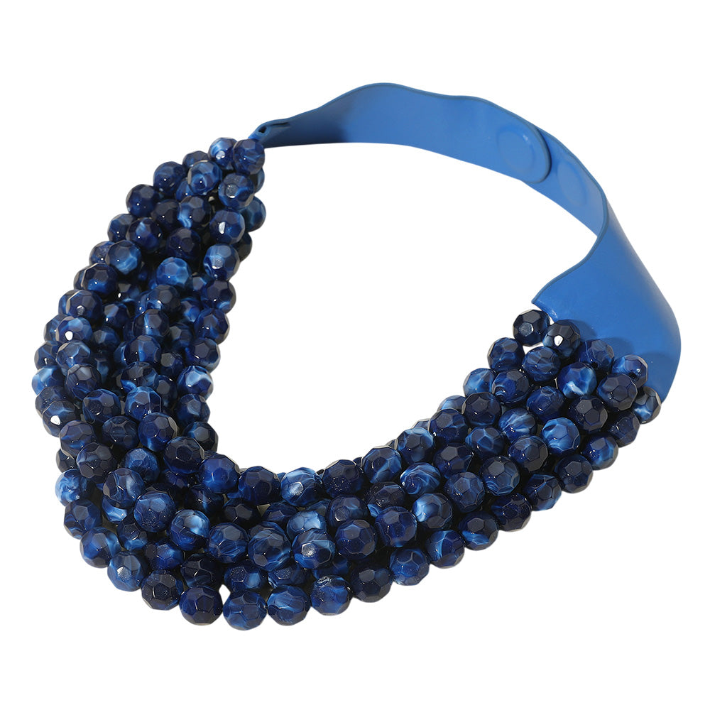 Marbled Faceted Acrylic Ball Beaded Multi Strand Layered Faux Leather Magnetic Necklace - Navy - Necklaces
