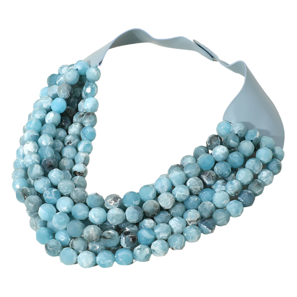 Blue Marbled Faceted Ball Beaded Multi Layered Faux Leather Magnetic Necklace