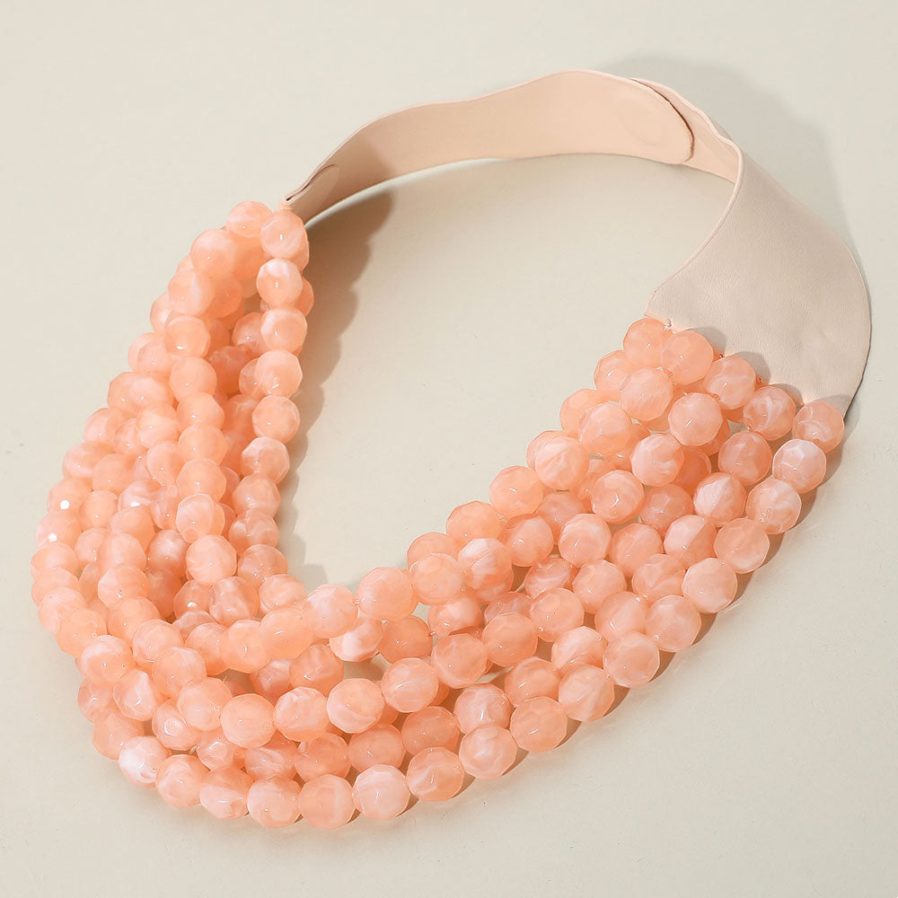 Peach Marbled Faceted Ball Beaded Multi Layered Faux Leather Magnetic Necklace