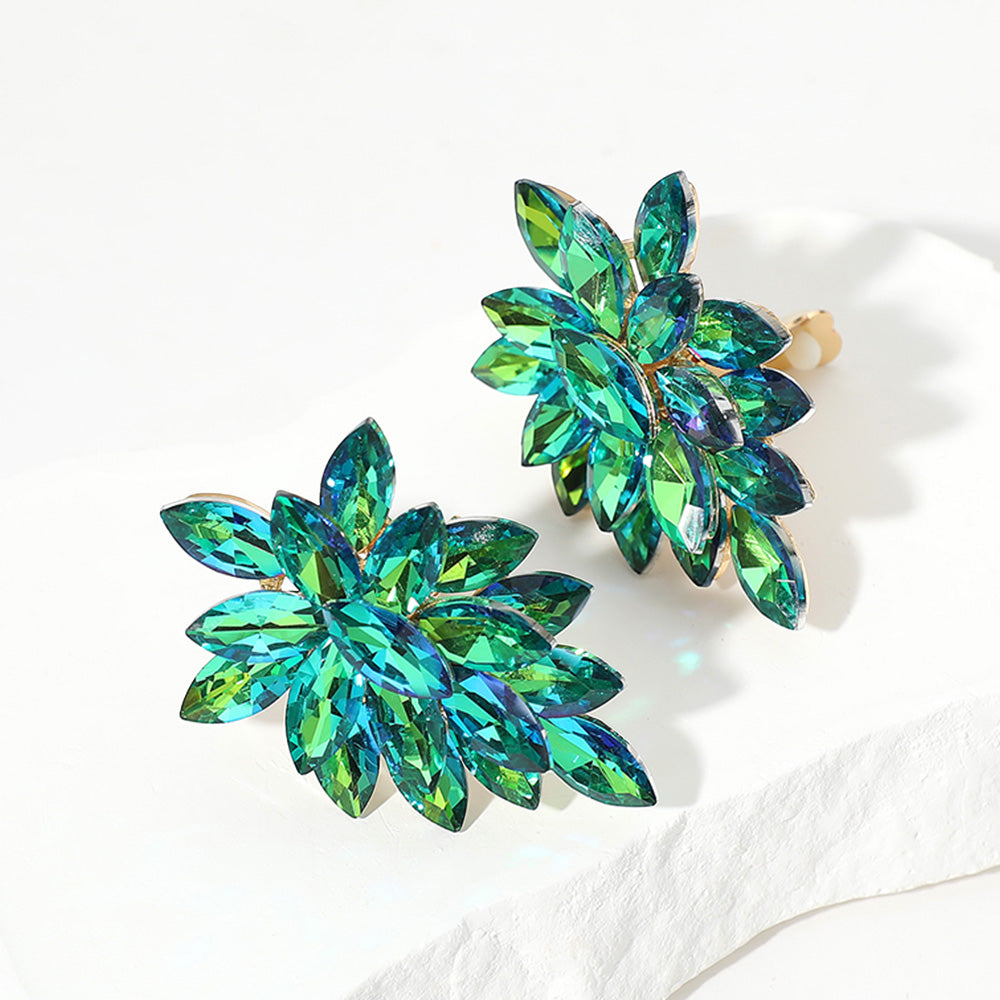 AB, Olive Green Marquise Crystal Cluster Clip on Evening Earrings