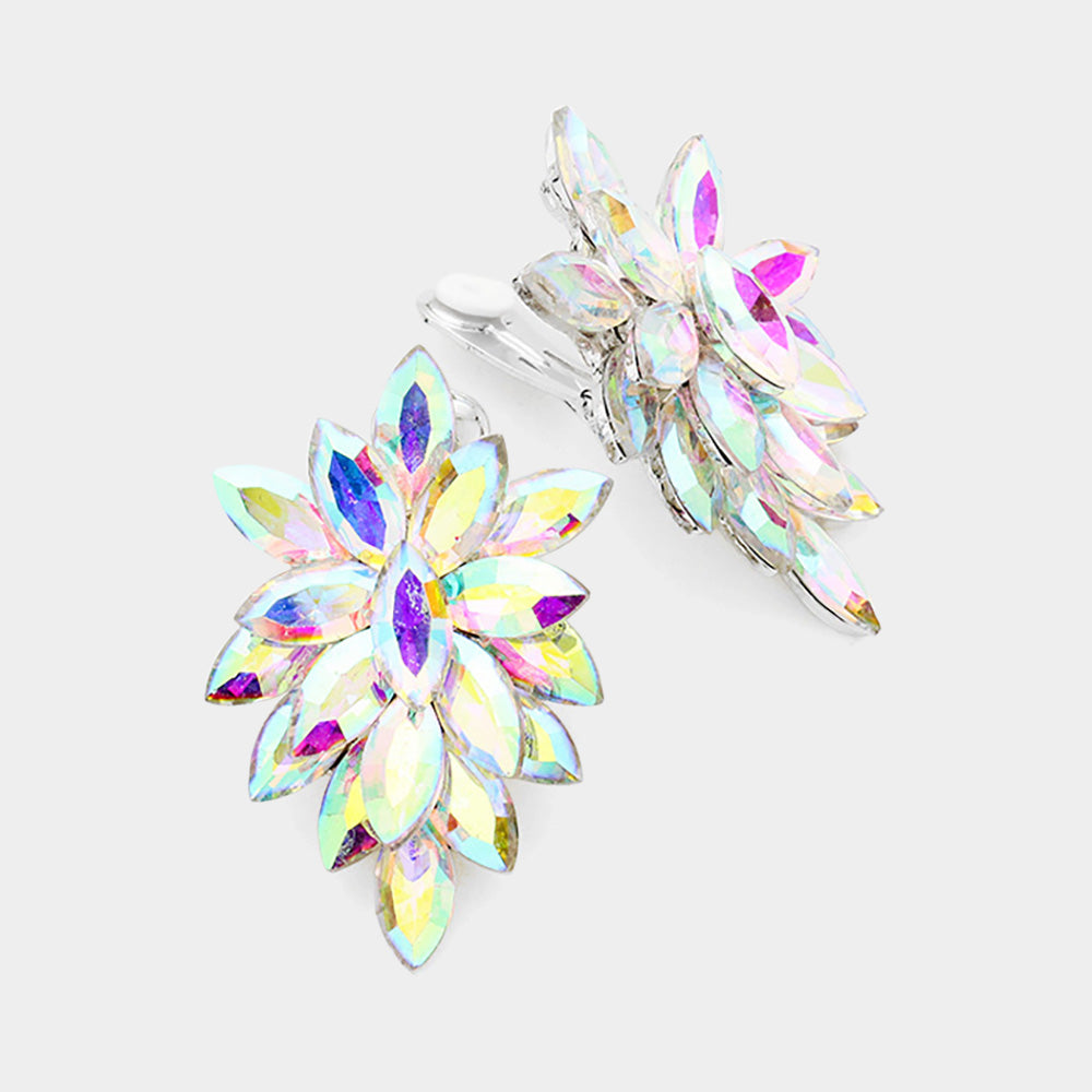 AB, Silver Marquise Crystal Cluster Clip on Evening Earrings