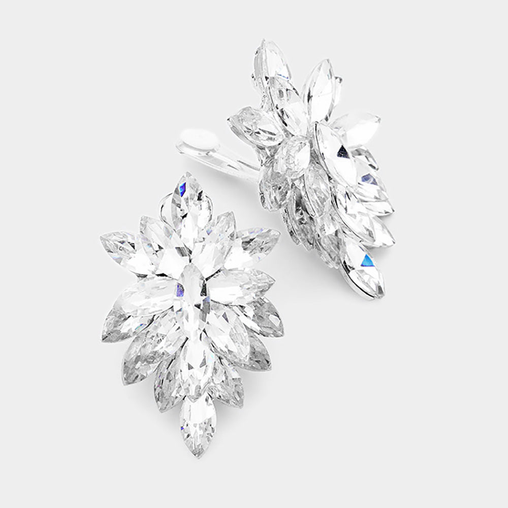 Clear, Silver Marquise Crystal Cluster Clip on Evening Earrings