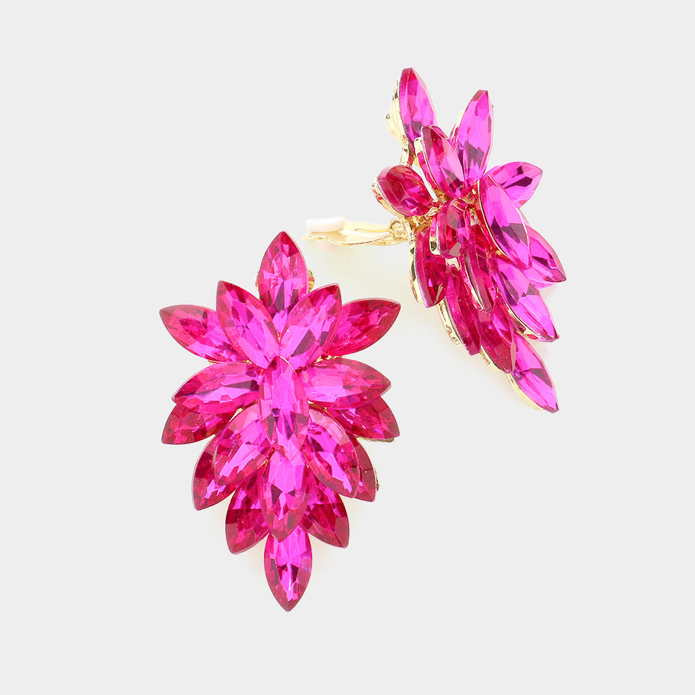 Fuchsia Marquise Crystal Cluster Clip on Evening Earrings