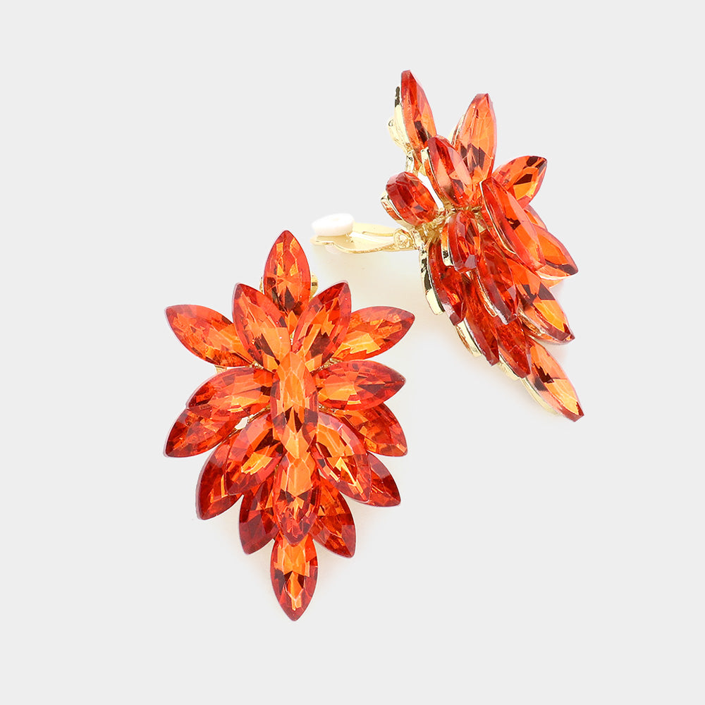 Orange Marquise Crystal Cluster Clip on Evening Earrings