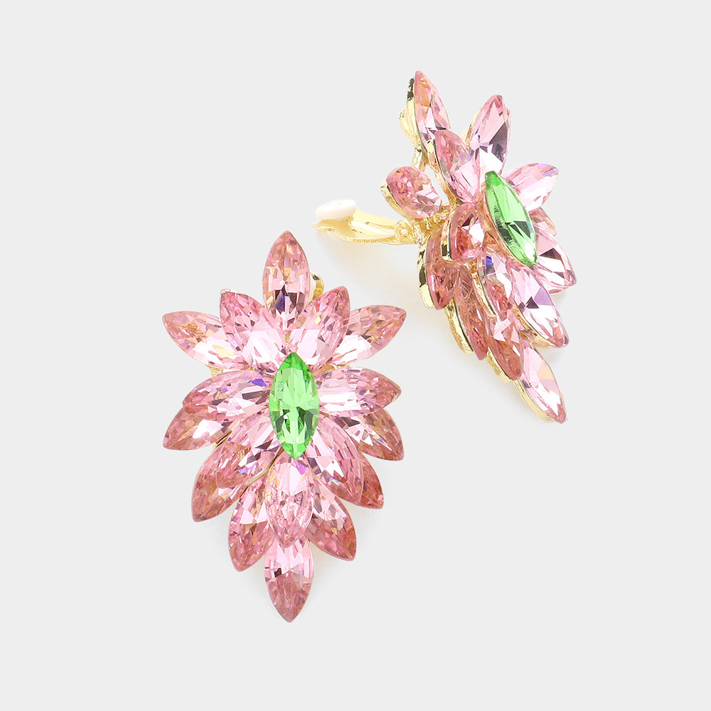 Pink&Green Marquise Crystal Cluster Clip on Evening Earrings