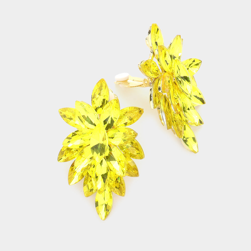 Yellow Marquise Crystal Cluster Clip on Evening Earrings