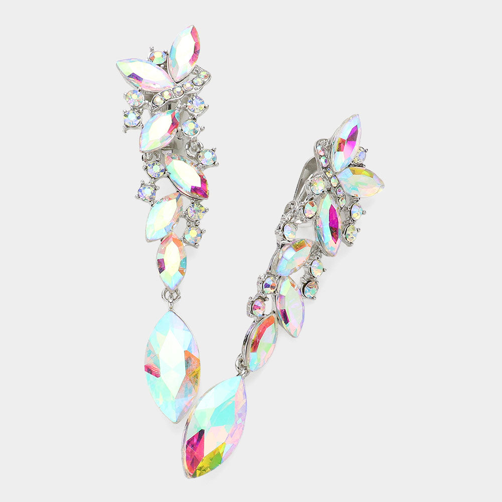 AB, Rhodium Marquise Crystal Drop Clip On Earrings