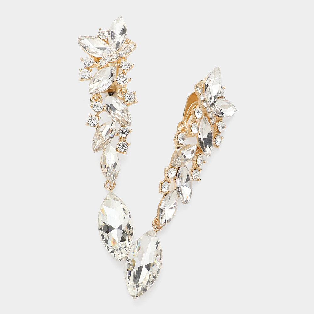 Clear, Gold Marquise Crystal Drop Clip On Earrings