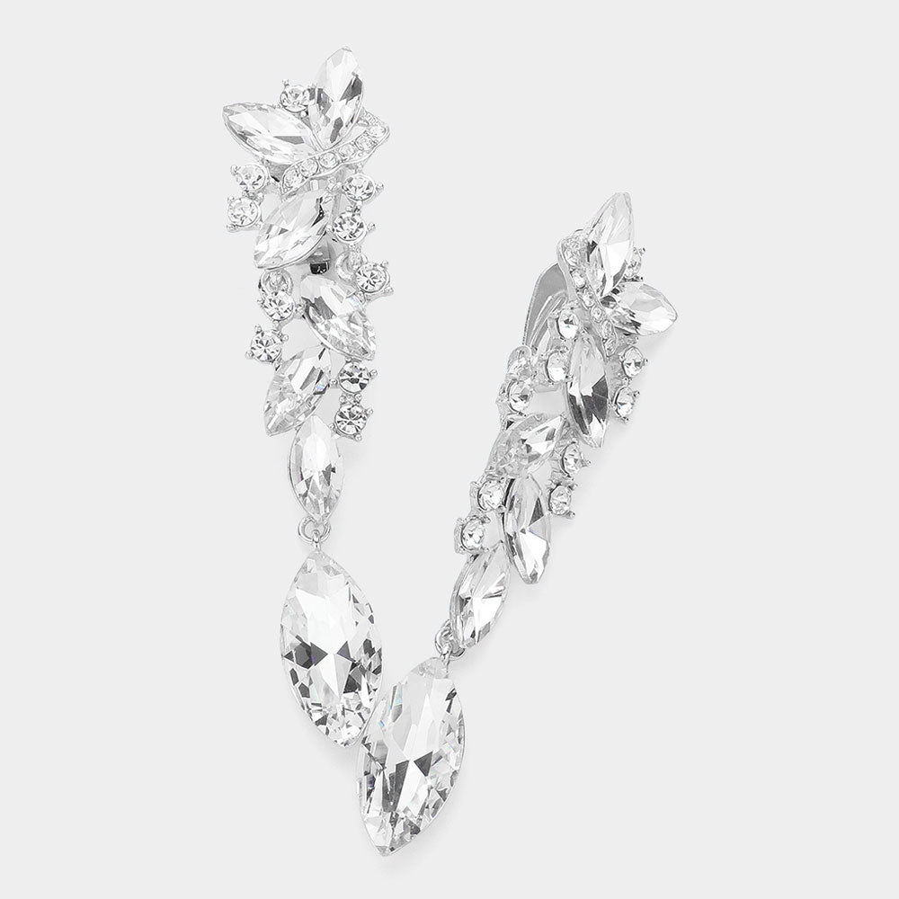 Clear, Rhodium Marquise Crystal Drop Clip On Earrings
