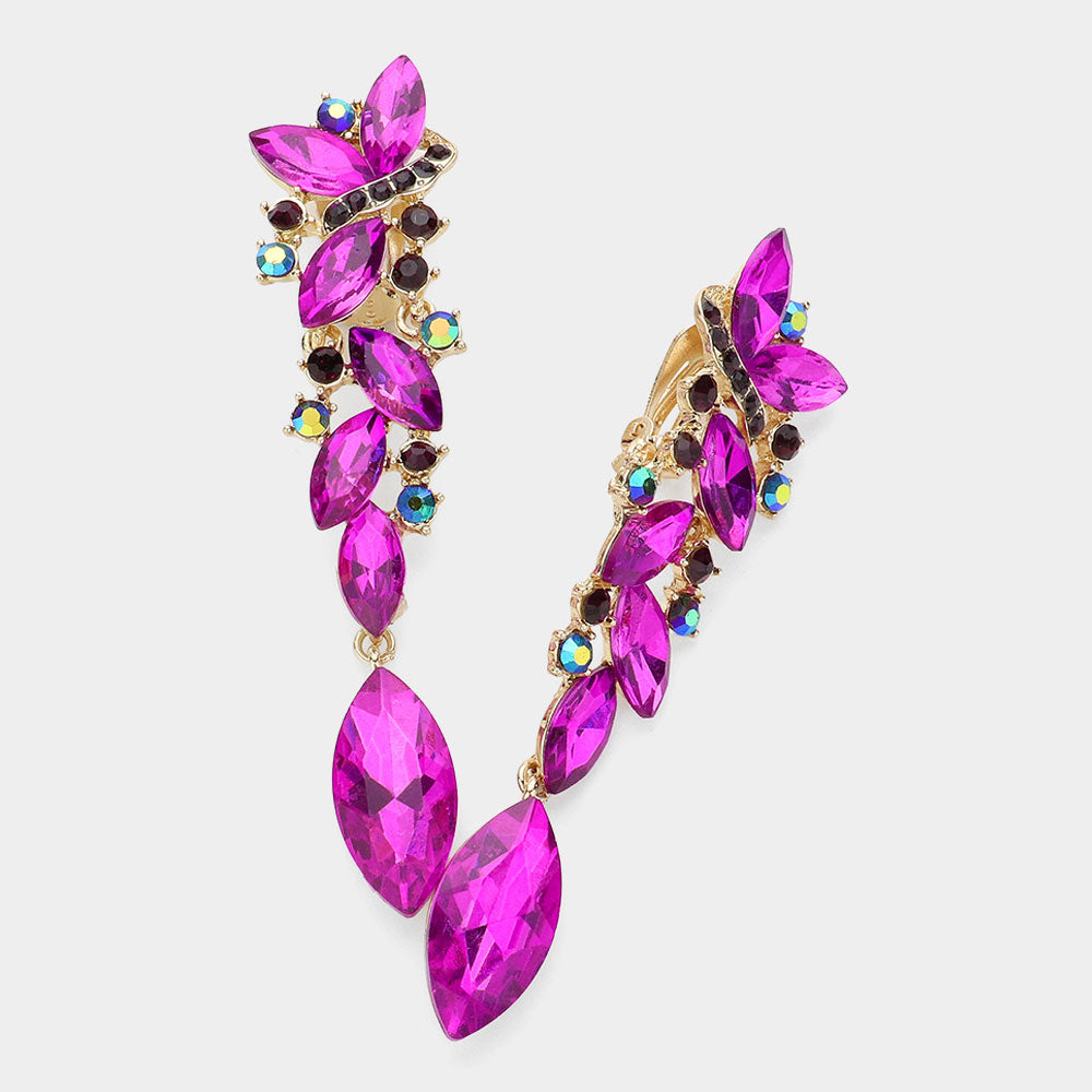 Gold, Purple Marquise Crystal Drop Clip On Earrings