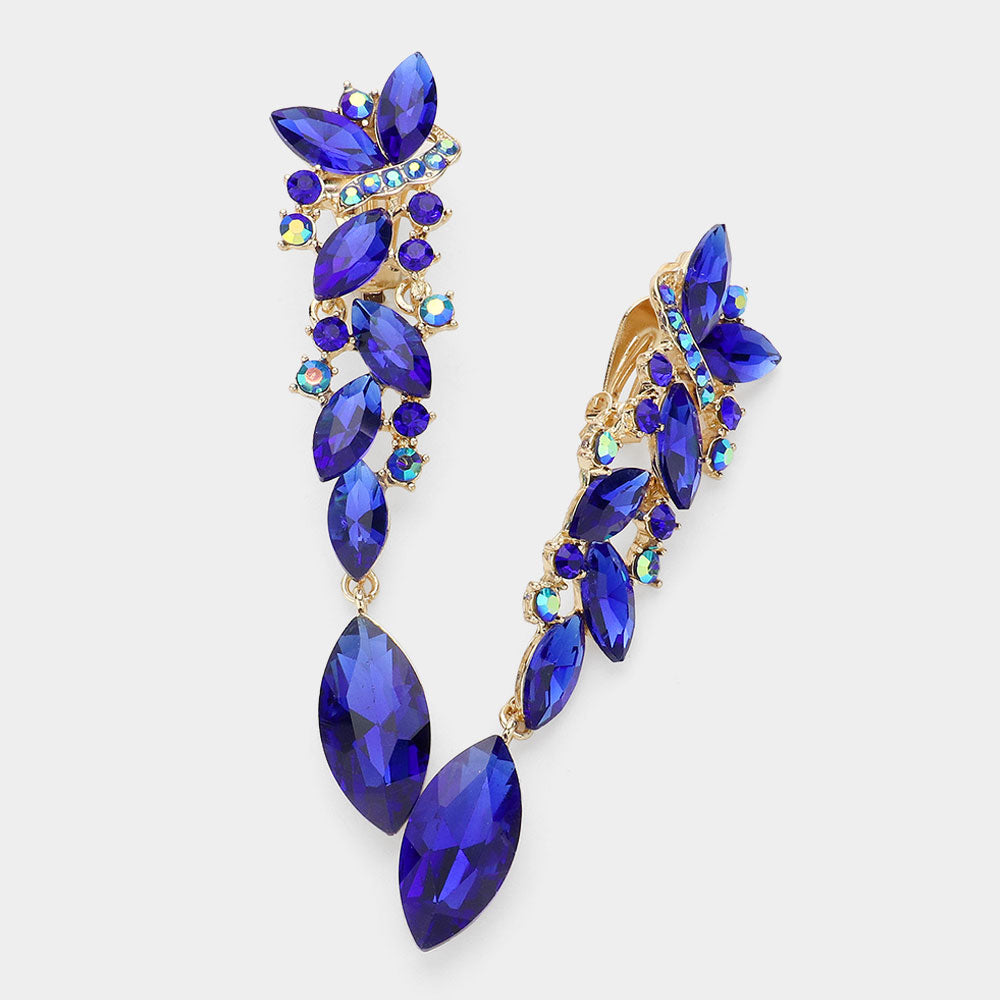Gold, Royal Blue Marquise Crystal Drop Clip On Earrings