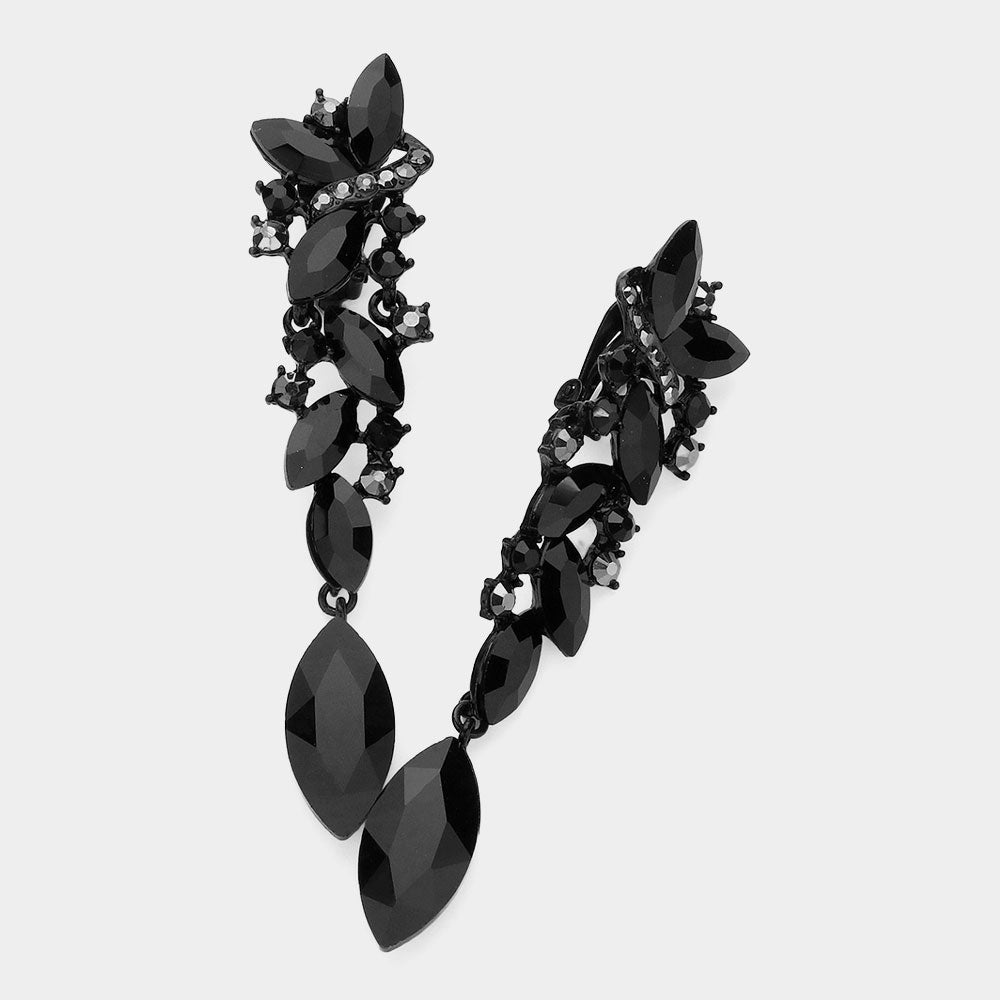Jet Black Marquise Crystal Drop Clip On Earrings