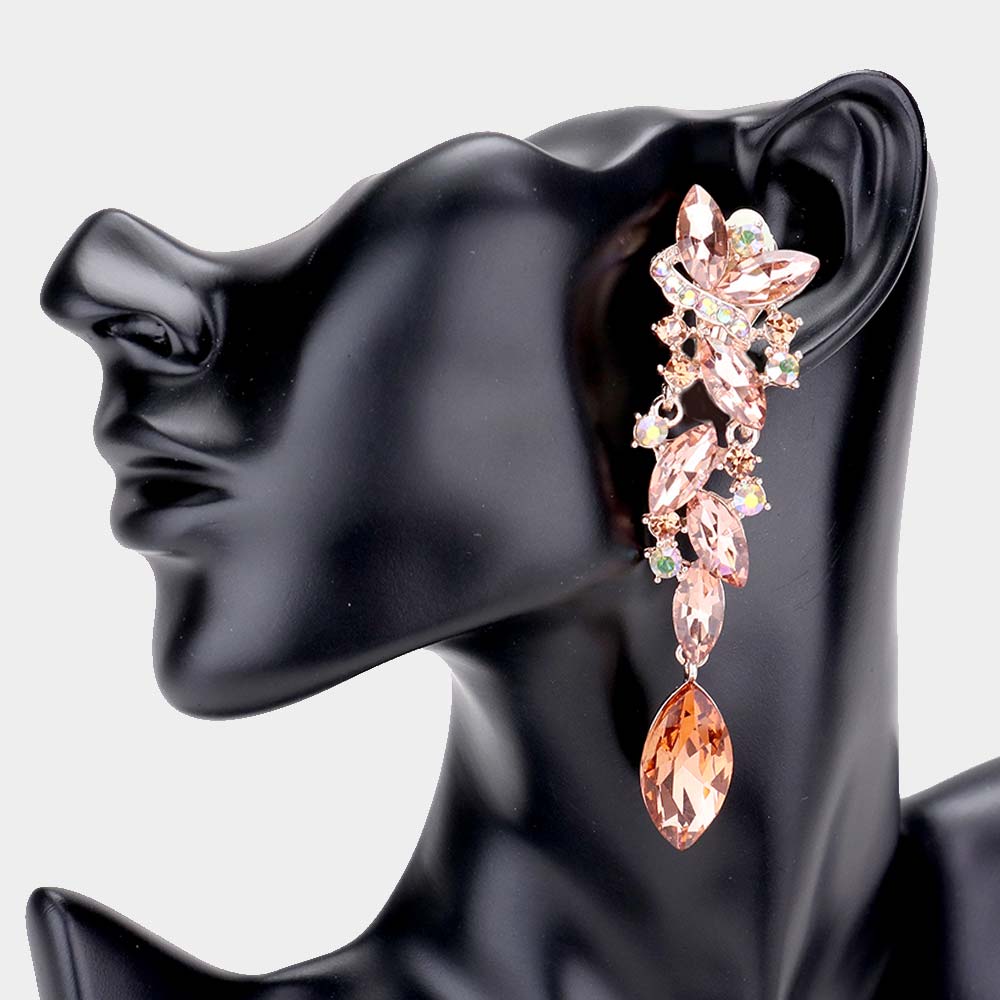 Peach, Rose Gold Marquise Crystal Drop Clip On Earrings