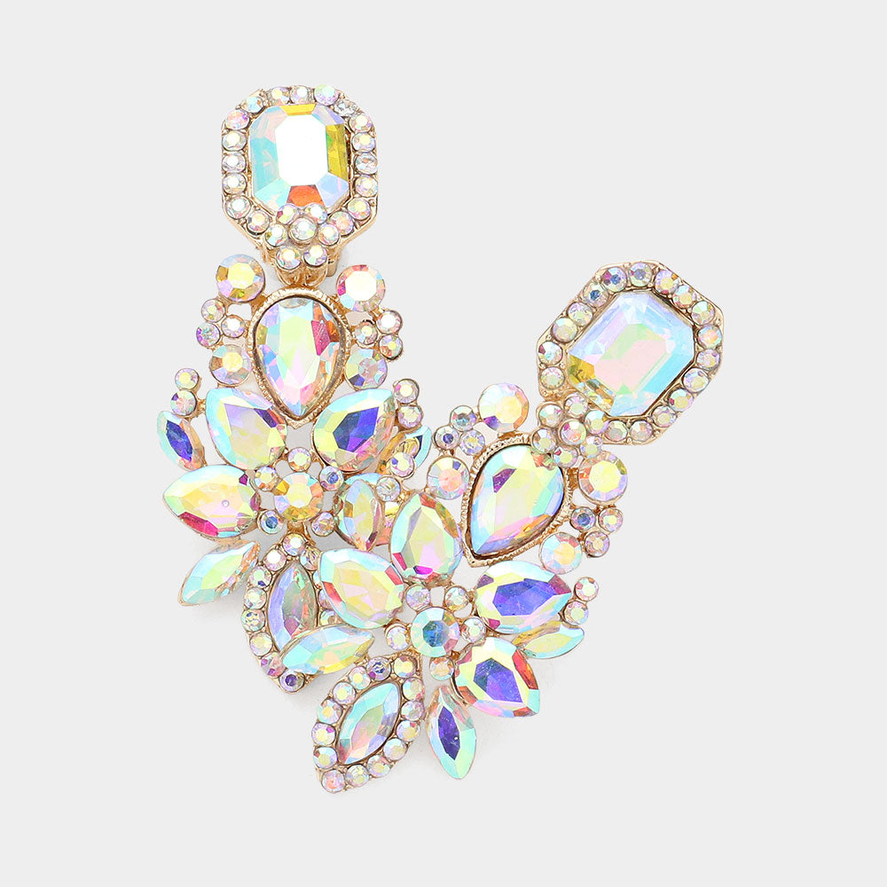 AB, Gold Marquise Square Stone Pointed Evening Clip On Earrings