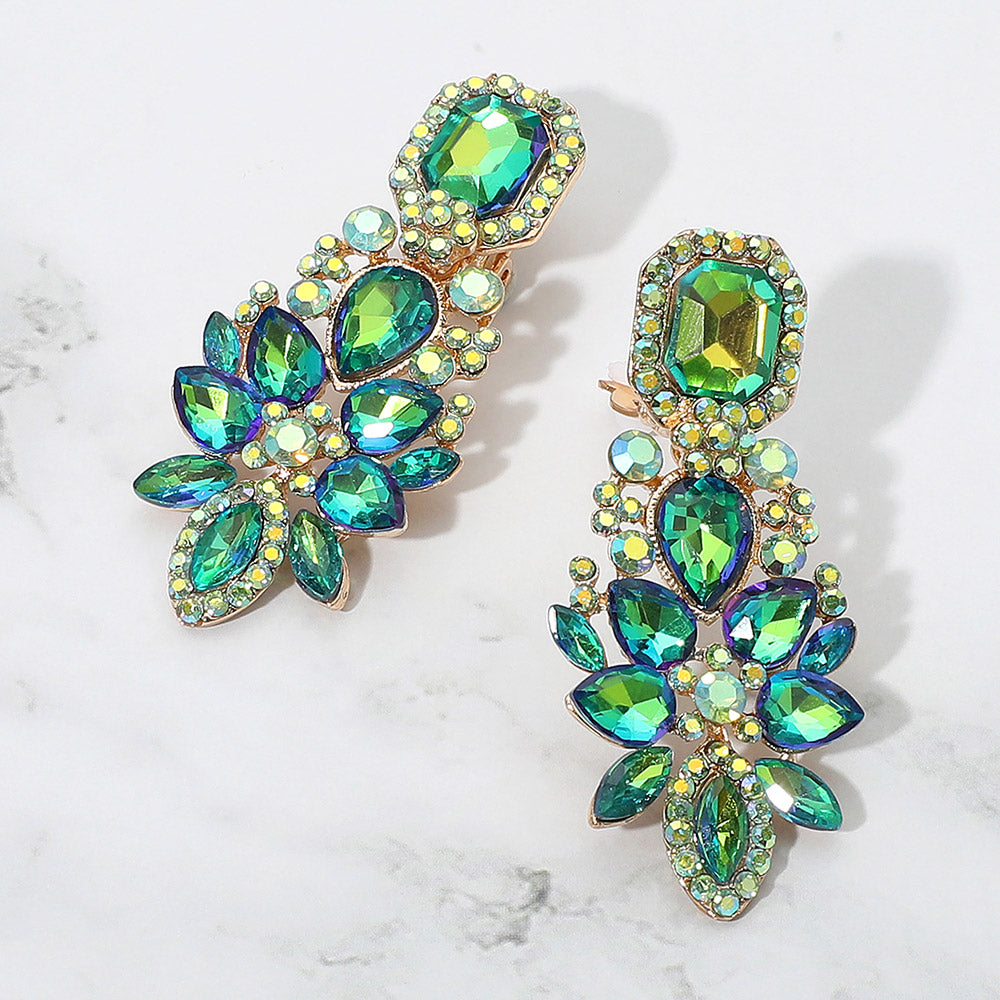 AB, Olive Green Marquise Square Stone Pointed Evening Clip On Earrings