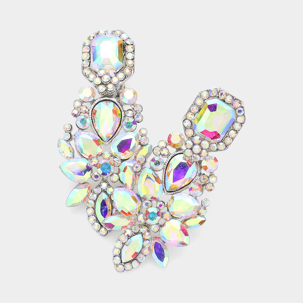 AB, Silver Marquise Square Stone Pointed Evening Clip On Earrings