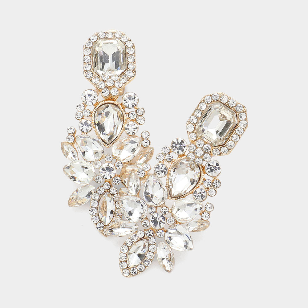 Clear, Gold Marquise Square Stone Pointed Evening Clip On Earrings