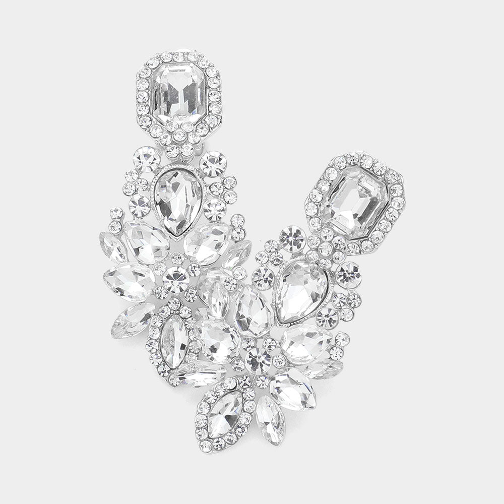 Clear, Silver Marquise Square Stone Pointed Evening Clip On Earrings