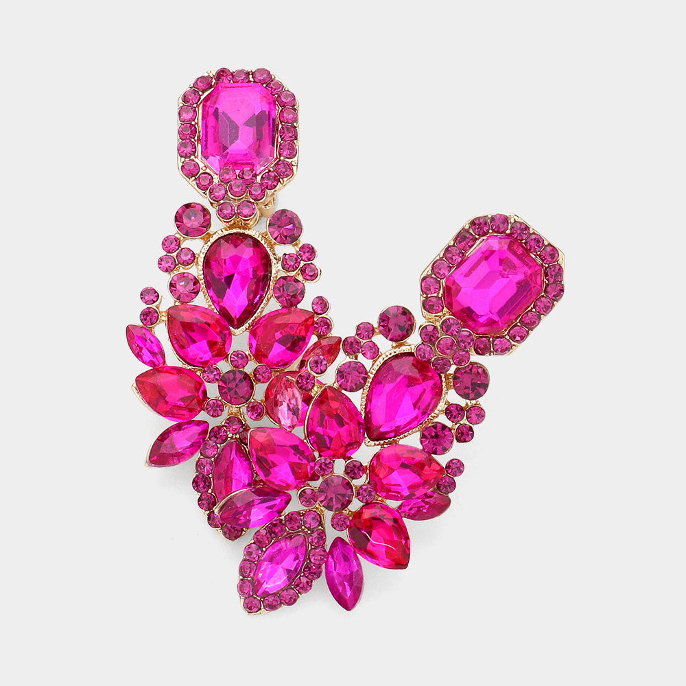Fuchsia Marquise Square Stone Pointed Evening Clip On Earrings