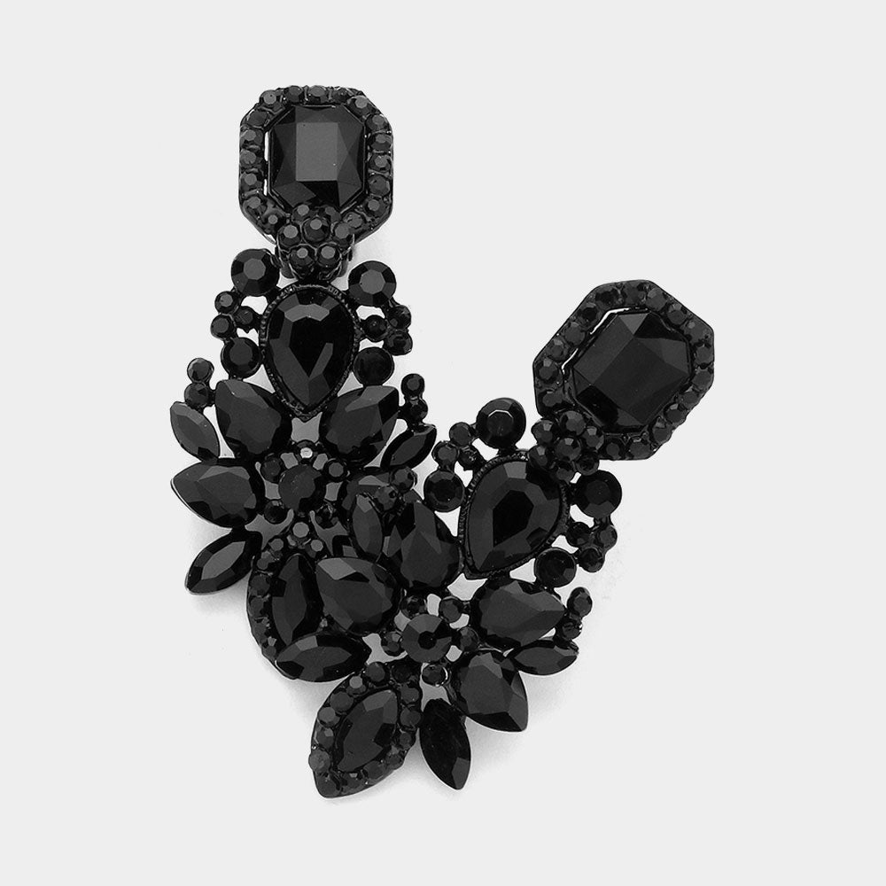 Jet Black Marquise Square Stone Pointed Evening Clip On Earrings