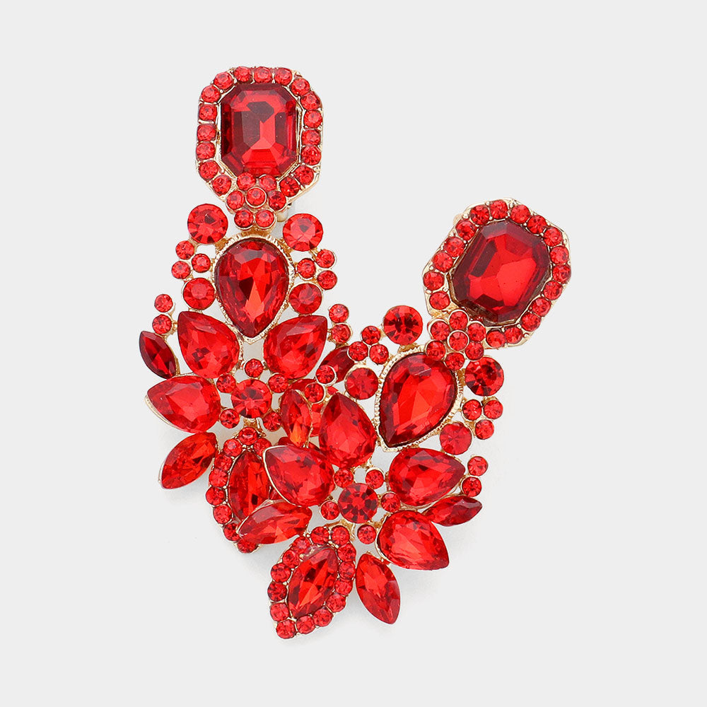 Red Marquise Square Stone Pointed Evening Clip On Earrings