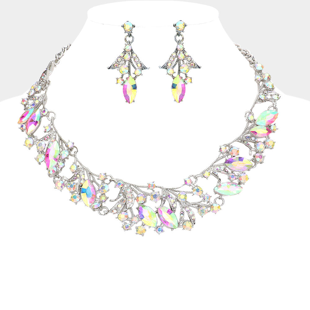 AB, Silver Marquise Stone Accented Leaf Evening Necklace