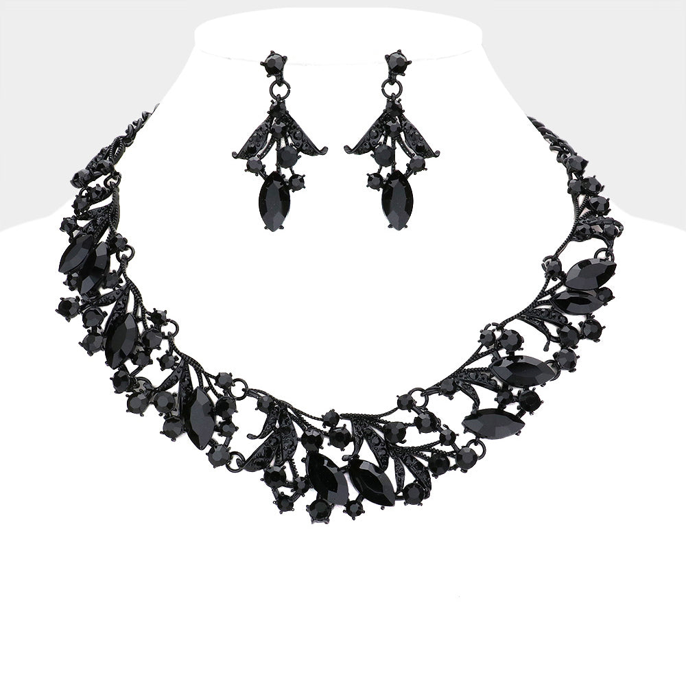 Black, Jet Black Marquise Stone Accented Leaf Evening Necklace