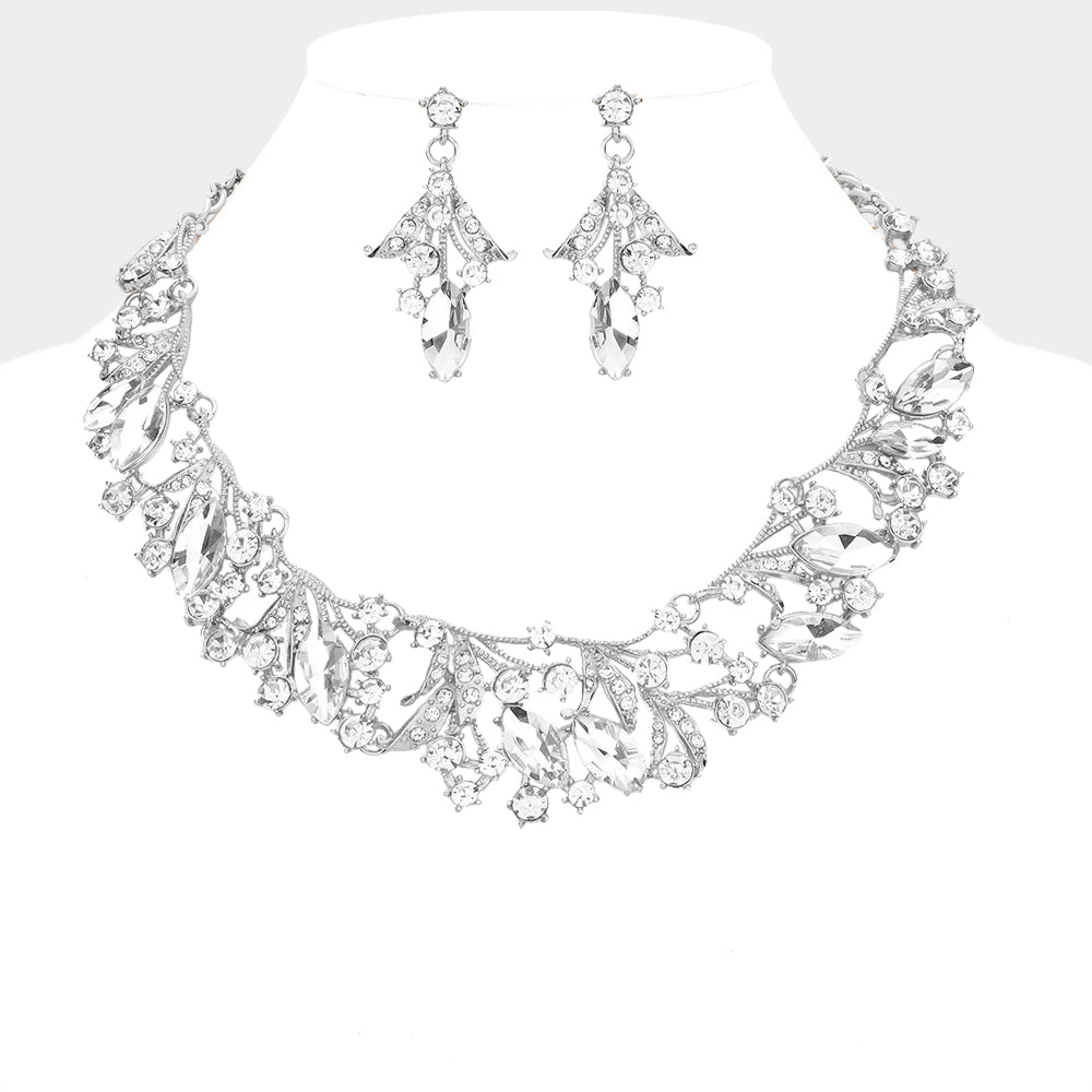 Clear, Silver Marquise Stone Accented Leaf Evening Necklace