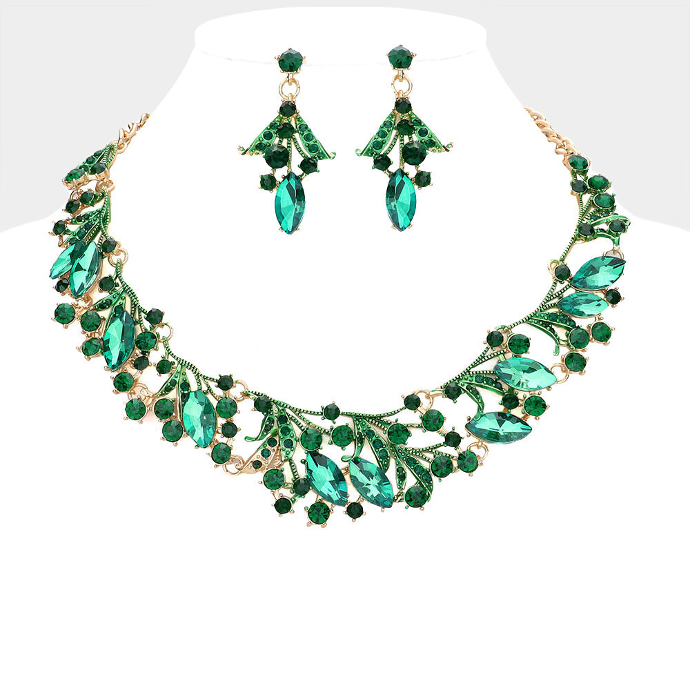 Gold, Green Marquise Stone Accented Leaf Evening Necklace