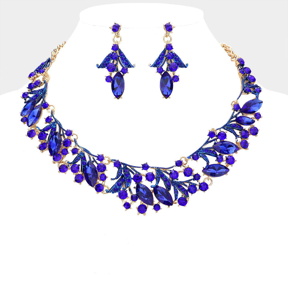 Gold, Sapphire Marquise Stone Accented Leaf Evening Necklace