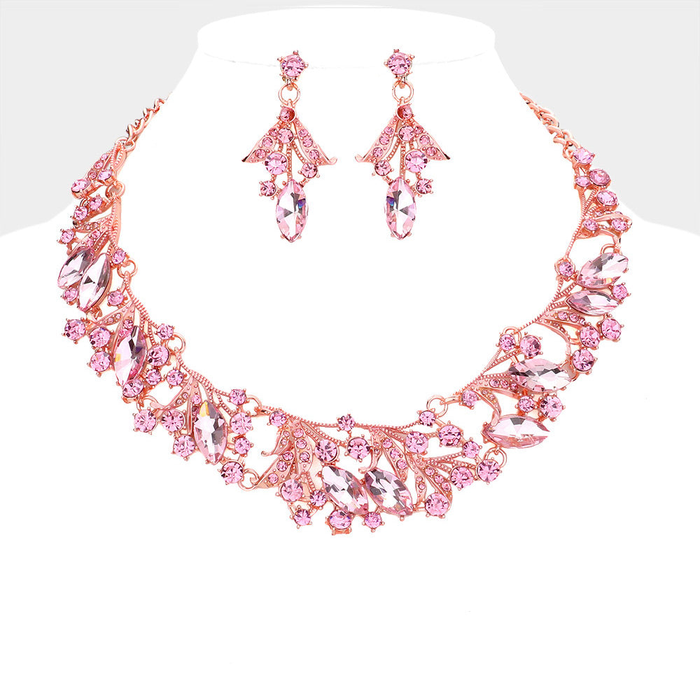 Pink, Rose Gold Marquise Stone Accented Leaf Evening Necklace
