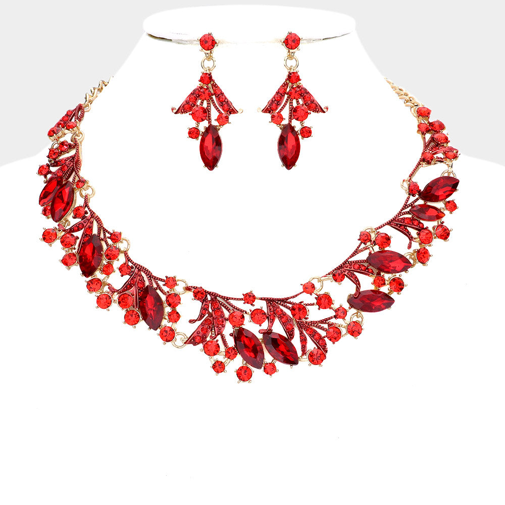 Red Marquise Stone Accented Leaf Evening Necklace