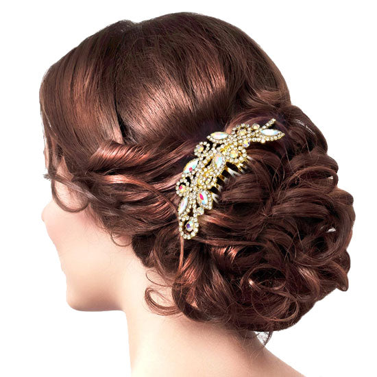 AB Gold Marquise Stone Accented Rhinestone Hair Comb. Perfect for adding just the right amount of shimmer & shine, will add a touch of class, beauty and style to your wedding, prom, special events, embellished glass crystal to keep your hair sparkling all day & all night long. 