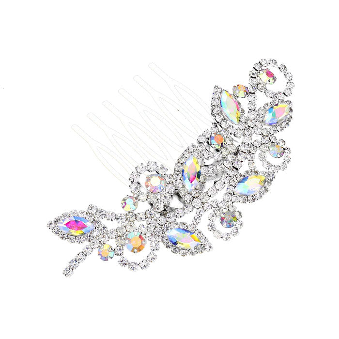 AB Silver Marquise Stone Accented Rhinestone Hair Comb. Perfect for adding just the right amount of shimmer & shine, will add a touch of class, beauty and style to your wedding, prom, special events, embellished glass crystal to keep your hair sparkling all day & all night long. 