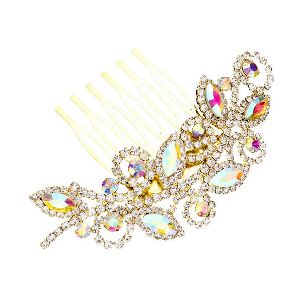 AB Gold Marquise Stone Accented Rhinestone Hair Comb. Perfect for adding just the right amount of shimmer & shine, will add a touch of class, beauty and style to your wedding, prom, special events, embellished glass crystal to keep your hair sparkling all day & all night long. 