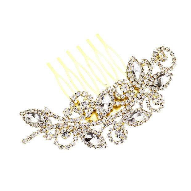 Gold Marquise Stone Accented Rhinestone Hair Comb. Perfect for adding just the right amount of shimmer & shine, will add a touch of class, beauty and style to your wedding, prom, special events, embellished glass crystal to keep your hair sparkling all day & all night long. 