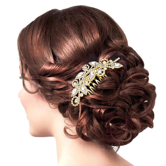 Gold Marquise Stone Accented Rhinestone Hair Comb. Perfect for adding just the right amount of shimmer & shine, will add a touch of class, beauty and style to your wedding, prom, special events, embellished glass crystal to keep your hair sparkling all day & all night long. 
