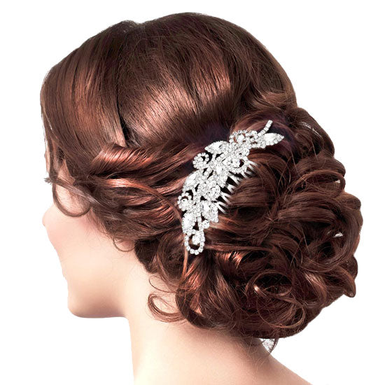 Silver Marquise Stone Accented Rhinestone Hair Comb. Perfect for adding just the right amount of shimmer & shine, will add a touch of class, beauty and style to your wedding, prom, special events, embellished glass crystal to keep your hair sparkling all day & all night long. 