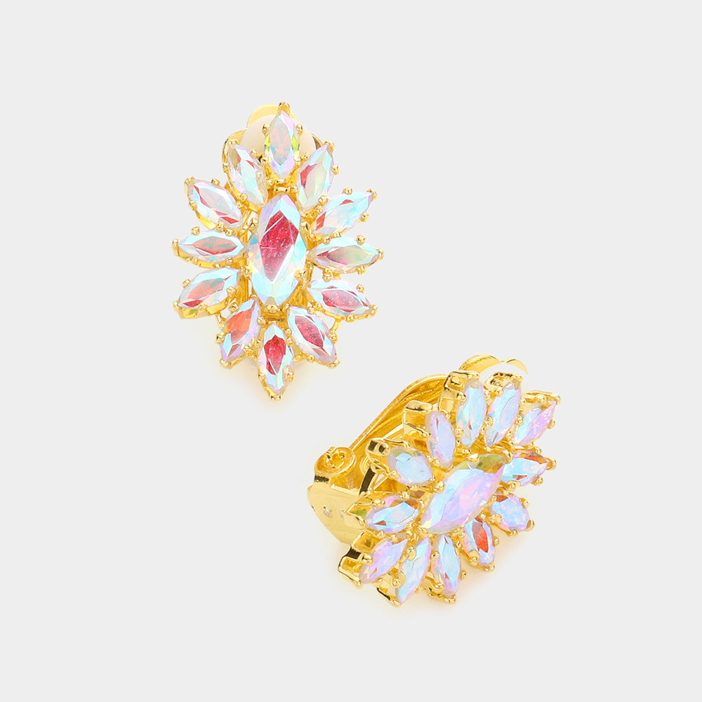 AB, Gold Marquise Stone Cluster Clip On Evening Earrings