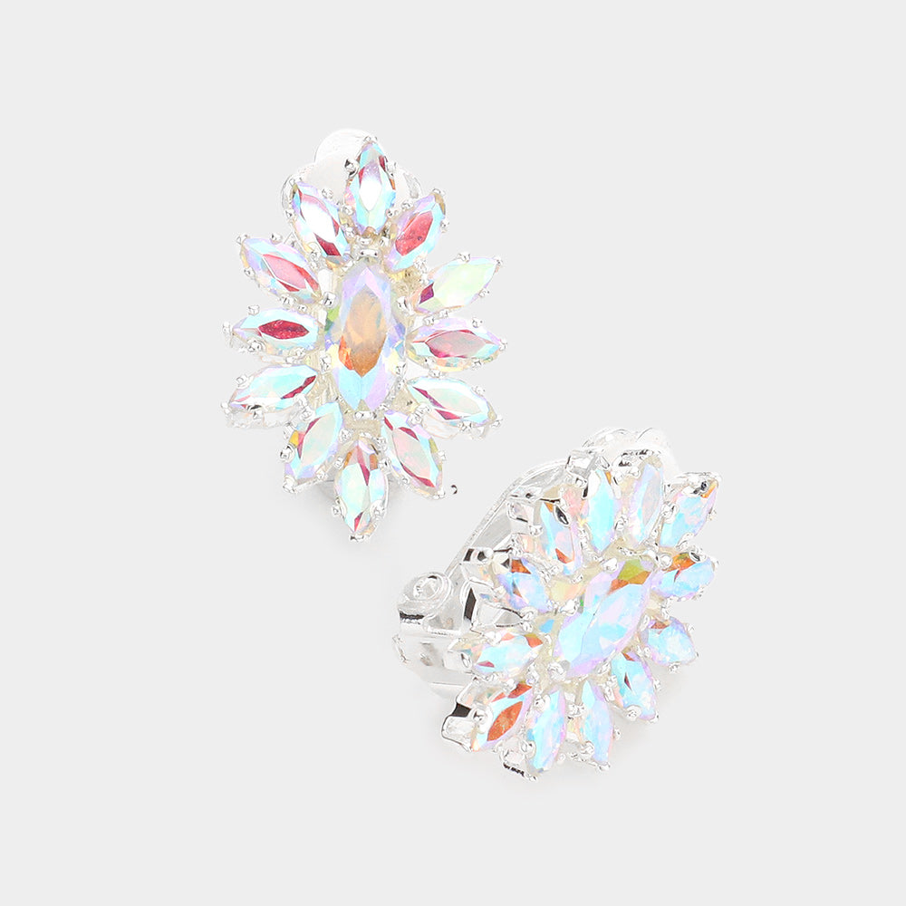 AB, Silver Marquise Stone Cluster Clip On Evening Earrings