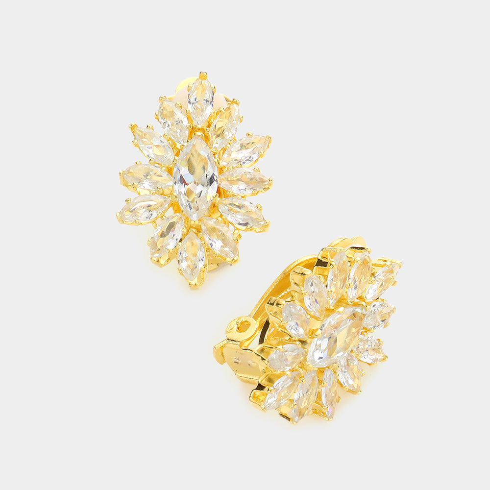 Clear, Gold Marquise Stone Cluster Clip On Evening Earrings