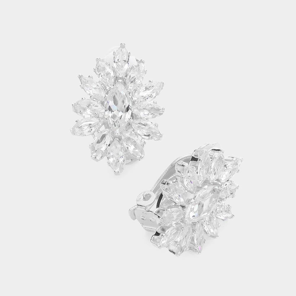 Clear, Silver Marquise Stone Cluster Clip On Evening Earrings