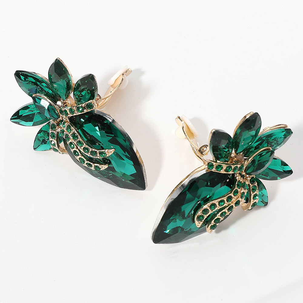 Emerald, Gold Marquise Stone Cluster Evening Clip On Earrings