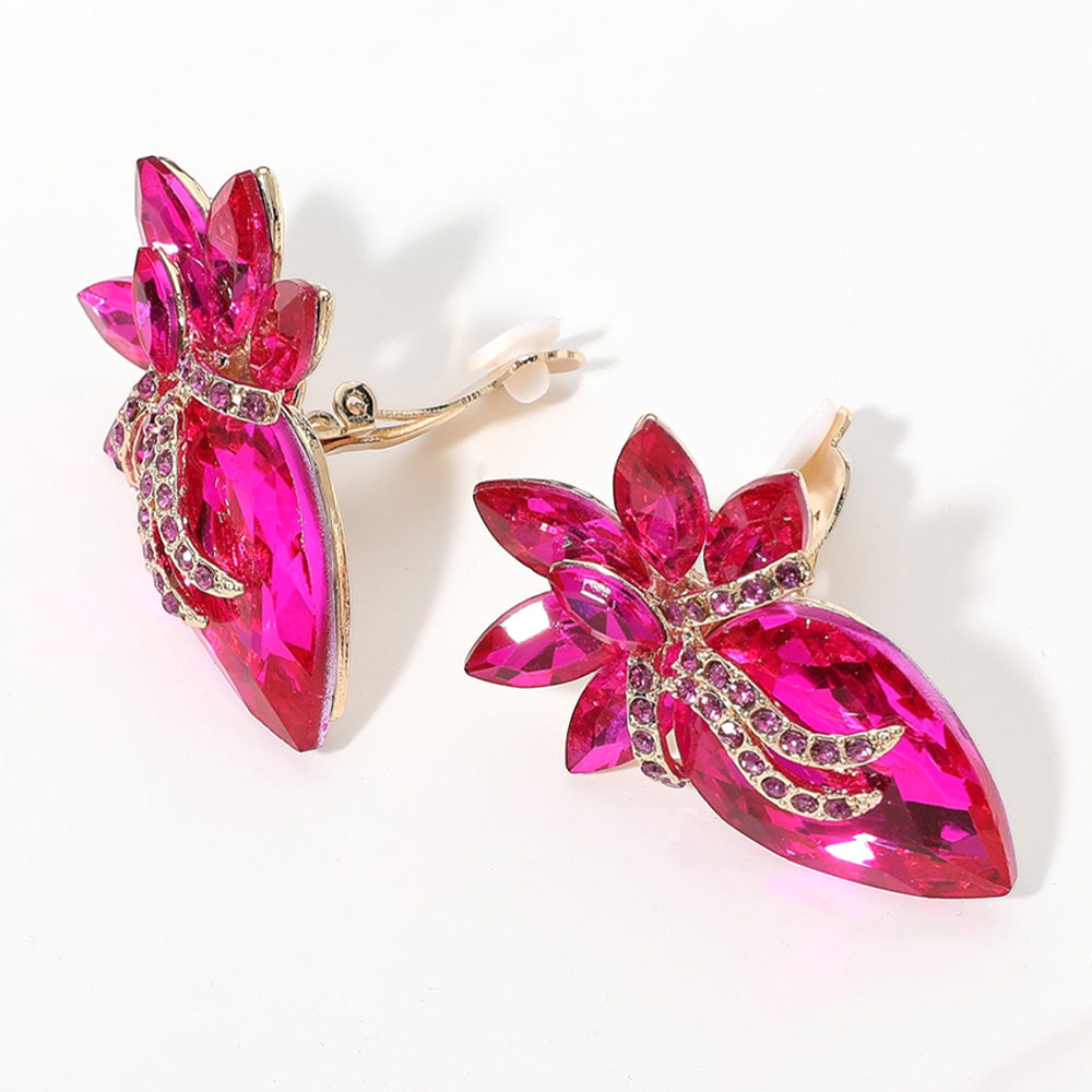 Fuchsia, Gold Marquise Stone Cluster Evening Clip On Earrings