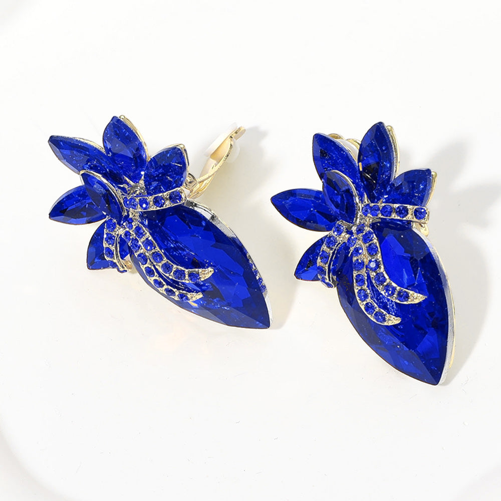 Gold, Sapphire Marquise Stone Cluster Evening Clip On Earrings